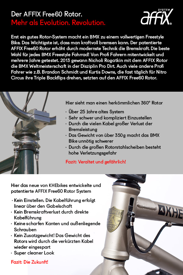 Infotext Vergleich Vorteile AFFIX Rotor mit herkömmlichen Rotor Outlet N2: BMX bike KHE ARSENIC 18 inch 22.3lbs