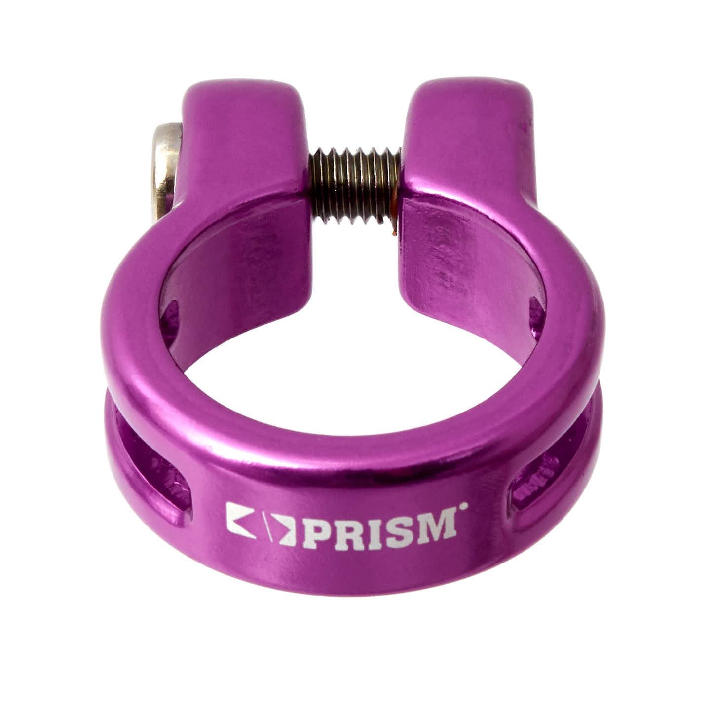 Lila Sattelklemme mit weißem PRISM Laser Logo Lila Sattelklemme mit weißem PRISM Laser Logo