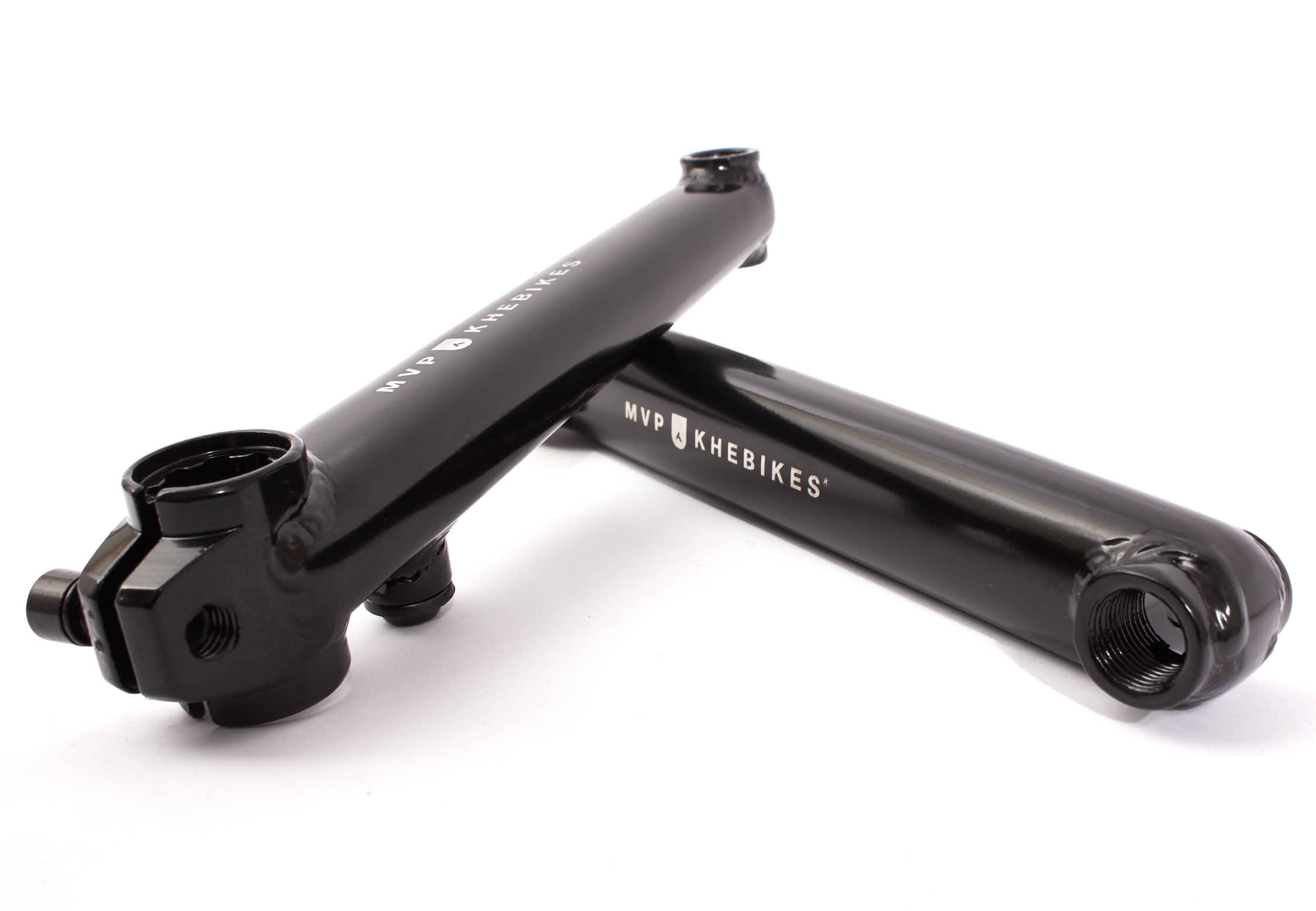 Übereinanderliegende 170mm Kurbelarme mit MVP KHEBikes Aufschrift